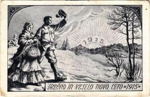 1916 Srecno in veselo novo leto 1915 / WWI K.u.k. Slovenian military New Year greeting / Első világháborús szlovén katonai újévi üdvözlet (kis szakadás / small tear)