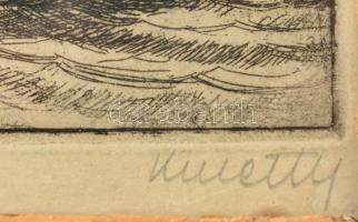 Kmetty János (1889-1971): Dunapart. Rézkarc, papír, jelzett, próbanyomat, 12×15 cm. Üvegezett fa ker...