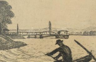 Kmetty János (1889-1971): Dunapart. Rézkarc, papír, jelzett, próbanyomat, 12×15 cm. Üvegezett fa ker...