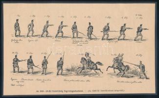 cca 1890-1900 Az 1848-49-iki honvédség fegyvergyakorlatai, 2 db nyomat kartonra kasírozva,13x21 cm