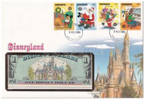 Amerikai Egyesült Államok 1987A 1DD bankjegyes borítékban, elsőnapi bélyegzéses bélyeggel T:1 USA 1987A 1 Disney Dollar in banknote envelope with first day of issue stamp C:UNC