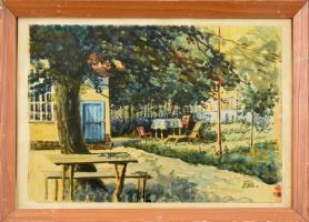 DKL (?) jelzéssel: Napfényes kert. Akvarell papír, üvegezett fa keretben. Lap széle kissé sérült. 20,5×29 cm.