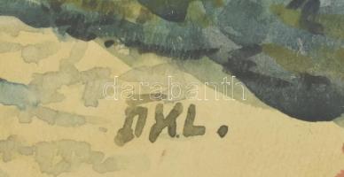 DKL (?) jelzéssel: Napfényes kert. Akvarell papír, üvegezett fa keretben. Lap széle kissé sérült. 20...