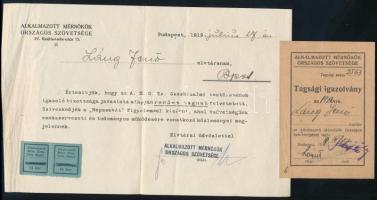 1919 Bp., Alkalmazott Mérnökök Országos Szövetsége tagsági igazolvány és az erről szóló levél, 2 db