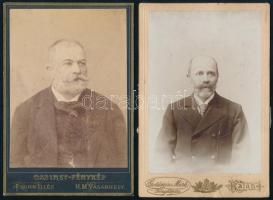 cca 1890-1910 Bajszos urak portréi, 3 db keményhátú kabinetfotó különböző műtermekből (Goldstein Márk, Plohn Illés, Perlgrund és Társa), kisebb sérülésekkel, 16x11 cm körüli méretben