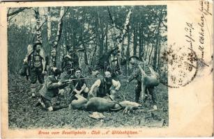 1901 Gruss vom Geselligkeits Club d Wildschützen / hunters / vadászok elejtett állatokkal (EK)
