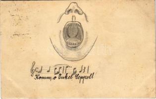 1906 Tátott szájjal éneklés. Kézzel rajzolt / Singing with open mouth. Hand-drawn