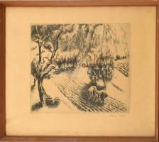 Kórusz József (1927-2010): Szüret. Rézkarc, papír, , jelzett, üvegezett fa keretben, lap alja kissé foltos, 29x39,5 cm