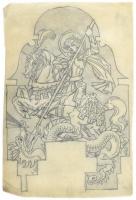 Muhits Sándor (1882-1956): Sárkányölő Szent György. Ceruza, pauszpapír, jelzés nélkül, lapszéli apró sérüléssel, 43,5×28,5 cm