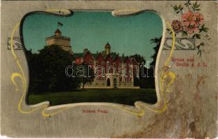1914 Lajtabruck, Bruck an der Leitha; Schloss Prugg. H. v. Effenberger / kastély / castle. Art Nouveau, floral (Rb)
