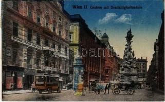 Wien, Vienna, Bécs II. Graben mit Dreifaltigkeitssäule, Sprachinstitut für Erwachsene, Knize & Co. / street, Trinity statue, shops, autobus, Berlitz School of Languages (fl)