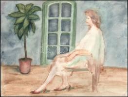 Jelzés nélkül: Hölgy a kertben. Akvarell, papír. 30x39cm