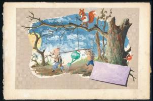 Jelzés nélkül: Misi mókus barátaival. Akvarell, papír. 16x14cm