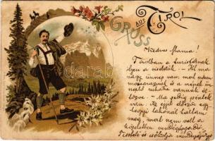 1897 (Vorläufer) Gruss aus Tirol / Tyrolean mountain climber. H. Metz Art Nouveau, floral, litho (Rb)