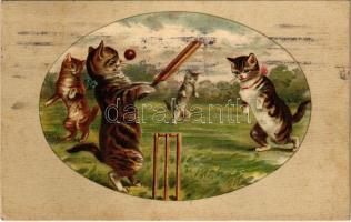 Krikettező macskák / Cats playing cricket. G.O.M. 2585. litho