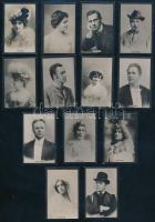 cca 1910-1920 13 db színészekről készült kisméretű fotó (Beregi Oszkár, Varsányi Irén, Góth Sándor, K. Pálmay Ilka, stb.), feliratozva, 6×4 cm