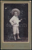 cca 1905 Kisfiú kalapban, sétapálcával, keményhátú fotó Nemes Pál székesfehérvári műterméből, szecessziós hátlappal, 10,5×6,5 cm