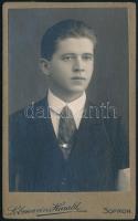 cca 1920 Fiatal férfi portréja, keményhátú fotó Lebenwein Harald soproni műterméből, 10,5×6,5 cm