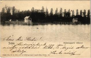 1906 Siófok, Balaton parti villasor fürdőkabinokkal. Hirsch Mór kiadása (EK)