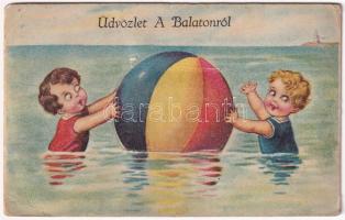 1929 Balaton, strand. Leporello fürdőző gyerekekkel és vízilabdával (EK)