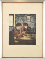 Glatz Oszkár (1872-1958) - Prihoda István (1891-1965): Ebédelők. Színezett rézkarc, papír, jelzett, üvegezett fa keretben, lapszéli apró foltokkal, 22×19 cm