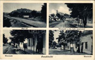 1940 Dunakömlőd (Paks), régi vár, utca, római katolikus templom, üzletek (EK)