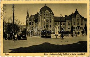 1942 Pécs, MÁV üzletvezetőségi épület, Hősi emlékmű, villamos, automobil (EK)