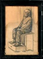 Olvashatatlan jelzéssel: Ülő férfi. Ceruza, papír, 41×27 cm, üvegezett sérült keretben.