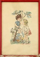 Törei L (?) 1946 jelzéssel: Gyermekek. Akvarellel színezett litográfia, papír. Foltos, sérült üvegezett keretben, 25x18cm