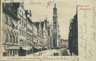 Augsburg, Carolinenstrasse und Perlachturm / Street, tower