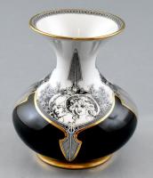 Hollóházi Jurcsák László által tervezett mintával díszített porcelán váza, matricás, jelzett, kis kopásnyomokkal, m: 11cm