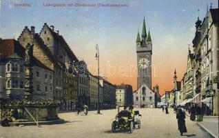 Straubing, Ludwigsplatz, Chorbrunnen / square, fountain, church, automobile, shop of Johann Hiedl (Rb)