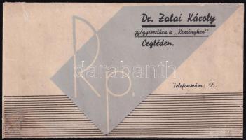 Dr. Zalai Károly gyógyszertára a Reményhez Cegléd receptboríték, restaurált
