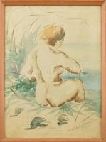 Mátray József (?-): Fürdőző női akt. Akvarell, papír, jelzett, üvegezett fa keretben. 39,5x29,5 cm