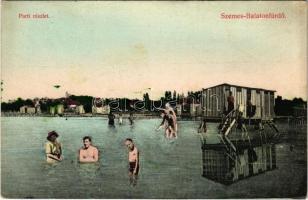 1909 Balatonszemes, Szemes-Balatonfürdő; parti részlet, kabinok, fürdőzők. Tényi Kálmán kiadása