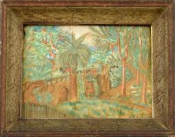 Olvashatatlan jelzéssel: Mediterrán park pálmafával. Pasztell, papír. Üvegezett, kissé sérült fa keretben. 26x34,5 cm