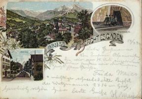 1897 Berchtesgaden, Nonnthal, Einfahrt in den Ferdinandberg / valley, street, mine interior, floral litho (small tear)