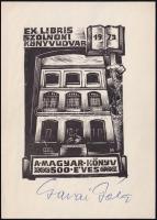 1973 Garai Gábor (1929-1987) költő, író saját kezű aláírása a Szolnoki Könyvudvar ex librisén