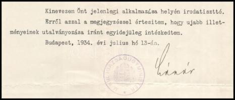 1934 Bp., Lázár Andor (1882-1971) miniszter aláírása kinevező okmányon