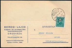 1936 Beregi Lajos fűszer- és gyarmatárú kereskedő Orosháza fejléces levelezőlap
