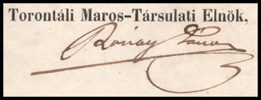1852 Zombor, Rendelet Rónay János (1837-1905) szolgabíró, képviselő aláírásával, magyar és német nye...