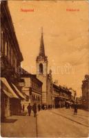 1916 Nagyvárad, Oradea; Rákóczi út, Lebovits Miksa és társa cipész és Berkes üzlete / street, shops
