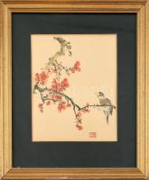 Olvashatatlan jelzéssel: Sakura, japán cseresznyefa virágzás, madárral. Tus, papír, fa keretben, 26x20cm