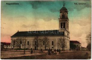 Nagyszalonta, Salonta; Református templom. Hátoldalon héber nyelvű zsidó újévi üdvözlet: A bánat és nyomor enyhítésére Pro Patria 1914 / Calvinist church. Jewish Hebrew New Year greeting on the backside