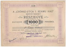 Budapest 1929. A Csörsz-utca 7. számú ház Szövetkezet névre szóló részjegye 1000P-ről, bélyegzésekkel T:III szakadás, lyukak