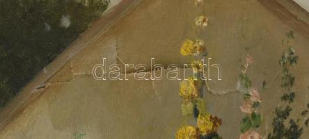 Ascher (Ács) Ágoston (1889-1947): Falusi életkép. Olaj, vászon, restaurált, sérült fakeretben, 60x81...