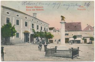 Rohonc, Rechnitz; Fő tér, szobor, Schönwald Mór üzlete. W.L. Bp. 2388. Stelczer Adolf kiadása / Hauptplatz, Denkmal / main square, statue, shop (EK)