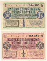 Csehszlovákia 1937. 37. Csehszlovák Osztálysorsjáték I.osztály 1/8 sorsjegye öt nyelven (2xklf: 1. és 2. osztály) T:I- Czechoslovakia 1937. 37th Czechoslovak class lottery 1st class 1/8 ticket in five language (2xdiff: 1st and 2nd class) C:AU