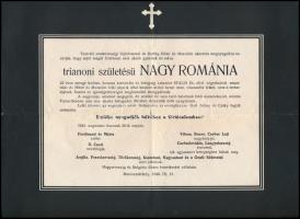 1940 Trianoni születésű Nagy-Románia gyászjelentése, irredenta marosvásárhelyi nyomtatvány, hajtva, postán elküldve