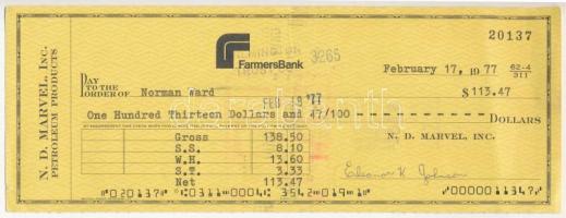 Amerikai Egyesült Államok 1977. Farmers Bank csekk 113$-ról, bélyegzésekkel T:III USA 1977. Farmers Bank cheque about 113 Dollars, with cancellations C:F